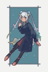 Rule 34 | 1girl, alternate costume, black pantyhose, blue hair, blue jacket, blush, casual, commentary request, flying, jacket, kemono friends, long hair, long jacket, long sleeves, pantyhose, pencil skirt, plaid, plaid scarf, puffy sleeves, red skirt, scarf, shimazoenohibi, skirt, skyfish (kemono friends), solo, sparkle, twintails, white hair, yellow eyes