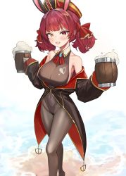 Rule 34 | 1girl, :d, absurdres, alcohol, animal ears, bare shoulders, beer mug, black pantyhose, breasts, cleavage, covered navel, cup, fake animal ears, hat, heterochromia, highres, hololive, houshou marine, large breasts, leotard, mug, open mouth, pantyhose, playboy bunny, rabbit ears, red eyes, red hair, shio05 (05 sio), sleeves past wrists, smile, solo, teeth, virtual youtuber, yellow eyes