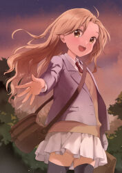 Rule 34 | 1girl, ahoge, bag, blonde hair, blush, carrying bag, cloud, cloudy sky, commentary request, cowboy shot, curly hair, holding, holding bag, jacket, long hair, looking at viewer, necktie, open clothes, open jacket, open mouth, orange sweater vest, original, outstretched arm, red necktie, shoulder strap, skirt, sky, smile, solo, sweater vest, teeth, thighhighs, tree, twilight, uniform, unya (unya-unya), upper teeth only, white skirt, yellow eyes, zettai ryouiki