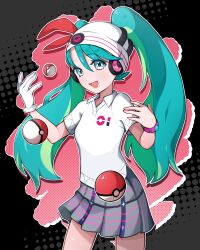 Rule 34 | 1girl, :d, absurdres, aqua eyes, beanie, bracelet, collared shirt, commentary request, cowboy shot, creatures (company), eyelashes, game freak, gloves, green hair, grey skirt, happy, hat, hatsune miku, headphones, highres, jewelry, long hair, nintendo, open mouth, pleated skirt, poke ball, poke ball (basic), pokemon, project voltage, psychic miku (project voltage), shiomipon, shirt, single glove, skirt, smile, twintails, vocaloid, white gloves, white headwear, white shirt