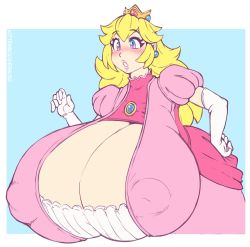 Rule 34 | 1girl, blonde hair, blue eyes, blush, breasts, cleavage, cleavage cutout, clothing cutout, covered erect nipples, crown, earrings, elbow gloves, female focus, gigantic breasts, gloves, highres, jewelry, kittenboogers, mario (series), nintendo, princess peach, solo, super mario bros. 1, upper body