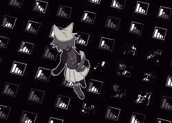 Rule 34 | 1girl, animal ears, arms at sides, commentary request, facing away, from above, from behind, gameplay mechanics, glitch, greyscale, highres, hrdrifter, kemonomimi mode, long sleeves, monochrome, outline, plaid, plaid vest, pleated skirt, recurring image, short hair, skirt, solo, stairs, sweater, tail, thighhighs, urotsuki, vest, walking, wolf ears, wolf tail, yume 2kki