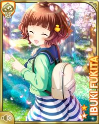Rule 34 | 1girl, backpack, bag, bird, brown eyes, brown hair, card, character name, closed eyes, day, dress, duck, forest, fukita ibuki, girlfriend (kari), green jacket, hair ornament, hairclip, holding, jacket, nature, official art, open mouth, outdoors, pointing, qp:flapper, short hair, smile, striped clothes, striped dress, white dress