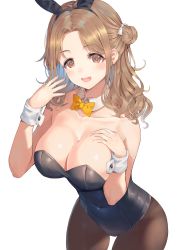 Rule 34 | 1girl, :d, animal ears, bare shoulders, black hairband, black leotard, bow, bowtie, breasts, brown eyes, brown hair, brown pantyhose, cleavage, collar, collarbone, commentary request, detached collar, fake animal ears, hair bun, hairband, hands up, highres, ichikawa hinana, idolmaster, idolmaster shiny colors, large breasts, leaning forward, leotard, long hair, looking at viewer, open mouth, pantyhose, playboy bunny, rabbit ears, rangen, side bun, simple background, single hair bun, single side bun, smile, solo, standing, strapless, strapless leotard, white background, white collar, wing collar, wrist cuffs, yellow bow, yellow bowtie