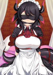 Rule 34 | 1girl, apron, arms behind back, ascot, bdsm, black dress, black hair, blindfold, bondage, bound, breasts, cleave gag, cloth gag, commentary request, cowboy shot, dress, facing viewer, gag, gagged, highres, horns, house dragonmaid, improvised gag, large breasts, long sleeves, red ascot, short hair, solo, white apron, yasume yukito, yu-gi-oh!