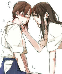 Rule 34 | 10s, 2girls, akagi (kancolle), arm support, black eyes, black hair, blush, brown hair, eye contact, face-to-face, female focus, hands on lap, japanese clothes, kaga (kancolle), kantai collection, looking at another, looking down, multiple girls, neck, short sleeves, shy, side ponytail, simple background, sitting, smile, sweat, traditional media, uuron (nkktmrrr), white background, yuri