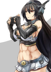 Rule 34 | 10s, 1girl, abs, bare shoulders, black gloves, black hair, breasts, elbow gloves, fingerless gloves, gloves, hair between eyes, hairband, handheld game console, kantai collection, large breasts, long hair, microskirt, nagato (kancolle), navel, playing games, playstation vita, red eyes, skirt, solo, staring, v-shaped eyebrows, very long hair, yohane