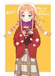 Rule 34 | 1girl, alternate hairstyle, arrow (symbol), belt, black shirt, blush, braid, brown hair, cardigan, cup, disposable cup, dress shirt, feather hair, fingernails, frown, green eyes, hair ornament, hands up, hat, highres, holding, holding cup, konami kirie, long hair, orange hair, outside border, parted bangs, plaid, plaid skirt, pom pom (clothes), pom pom hair ornament, purple scarf, red cardigan, scarf, shirt, shirt tucked in, skirt, solo, sonoda (mzm), twin braids, twintails, white hair, winter clothes, world trigger