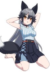 Rule 34 | 1girl, animal ears, barefoot, black choker, black skirt, blue shirt, blue skirt, blush, casual, choker, commission, extra ears, fox ears, fox girl, fox tail, frilled sleeves, frills, grey hair, hair between eyes, hair ornament, hairclip, hatagaya, jewelry, kemono friends, kemono friends 3, long hair, looking at viewer, multicolored hair, necklace, official alternate costume, orange eyes, pleated skirt, seiza, shirt, short sleeves, sidelocks, silver fox (kemono friends), sitting, skeb commission, skirt, solo, striped clothes, striped shirt, tail, two-tone shirt, two-tone skirt, vertical-striped clothes, vertical-striped shirt, white shirt