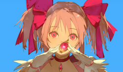 Rule 34 | 1girl, blue background, bow, choker, commentary, facing viewer, gloves, hair bow, hands up, harass-user, highres, holding, kaname madoka, magical girl, mahou shoujo madoka magica, mahou shoujo madoka magica (anime), pink eyes, pink hair, portrait, red bow, red ribbon, ribbon, ribbon choker, short hair, short twintails, shru (ss sl99), simple background, solo, soul gem, twintails, white gloves