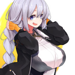 Rule 34 | 1girl, :d, arm warmers, black dress, black jacket, blue eyes, braid, breasts, collared shirt, dress, hands up, highres, huge breasts, impossible clothes, jacket, kizuna akari, long hair, long sleeves, looking at viewer, low twintails, open clothes, open jacket, open mouth, pon (shind 997), shirt, sidelocks, silver hair, simple background, smile, solo, taut clothes, twin braids, twintails, two-tone background, upper body, very long hair, voiceroid, white background, white shirt, yellow background