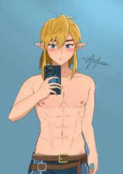 Rule 34 | 1boy, abs, absurdres, belt, blue eyes, blue nails, blue shorts, blush, cellphone, highres, holding, holding phone, light brown hair, link, male focus, nail polish, nintendo, nipples, non-web source, phone, pointy ears, self-upload, selfie, sheikah slate, shorts, smartphone, the legend of zelda, the legend of zelda: breath of the wild, topless male, turnip toss