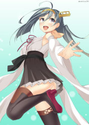 Rule 34 | 10s, 1girl, ahoge, alternate costume, aqua background, bad id, bad pixiv id, bare shoulders, black skirt, black thighhighs, boots, breasts, cosplay, detached sleeves, from below, gradient background, grey hair, hair between eyes, japanese clothes, kankitsunabe (citrus), kantai collection, kiyoshimo (kancolle), kongou (kancolle), kongou (kancolle) (cosplay), long hair, looking at viewer, nontraditional miko, open mouth, outstretched hand, pleated skirt, ponytail, skirt, skirt set, small breasts, solo, thigh boots, thighhighs, thighs, very long hair, wide sleeves