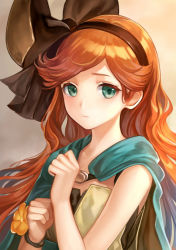 Rule 34 | 10s, 1girl, bad id, bad pixiv id, bare shoulders, bracelet, cape, circle cut, clenched hands, colored eyelashes, granblue fantasy, green eyes, hair ribbon, hairband, jewelry, lips, long hair, looking at viewer, orange hair, ribbon, sara (granblue fantasy), siro (asteblanc), sleeveless, solo, upper body, wavy hair