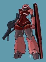 Rule 34 | blue background, clenched hand, dated, glowing, glowing eyes, gun, gundam, holding, holding gun, holding weapon, looking ahead, mecha, mobile suit gundam, moi moi7, one-eyed, pink eyes, redesign, robot, solo, standing, weapon, zaku ii s char custom, zeon