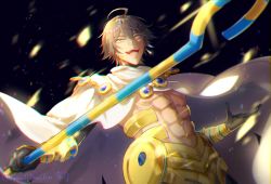 Rule 34 | 1boy, abs, ahoge, black gloves, brown hair, cape, dark-skinned male, dark skin, egyptian, egyptian clothes, eyebrows, fate/grand order, fate/prototype, fate/prototype: fragments of blue and silver, fate (series), gauntlets, gloves, hair between eyes, holding, holding staff, jewelry, looking at viewer, male focus, muscular, necklace, open mouth, ozymandias (fate), shrug (clothing), signature, smile, solo, staff, topless male, twitter username, white cape, yellow eyes, youmicitrustea