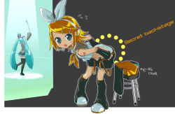 Rule 34 | bent over, hatsune miku, kagamine rin, long hair, panties, shiitake urimo, sweatdrop, twintails, underwear, undressing, very long hair, vocaloid