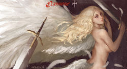 Rule 34 | 1girl, artist request, back, blonde hair, breasts, claymore (series), claymore (sword), copyright name, feathers, from behind, highres, light smile, long hair, looking back, nude, painterly, signature, solo, spoilers, sword, teresa, weapon, white wings, wings, yinwoeren