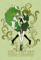 Rule 34 | 10s, 2girls, bike shorts, bokosuke, bow, bowtie, brooch, character name, copyright name, cure march, dress, dual persona, green background, green dress, green eyes, green hair, green shirt, green skirt, green theme, holding hands, jewelry, long hair, magical girl, midorikawa nao, multiple girls, ponytail, precure, shirt, shoes, short hair, shorts, shorts under skirt, skirt, smile, smile precure!, symmetry, tri tails