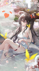 Rule 34 | 1girl, absurdres, bare arms, bare shoulders, bathing, bead bracelet, beads, boo tao (genshin impact), bracelet, breasts, brown hair, cherry blossoms, cleavage, closed mouth, crossed legs, crystalfly (genshin impact), eli786250862, feet out of frame, flower, flower-shaped pupils, genshin impact, ghost, hair flower, hair ornament, highres, hu tao (genshin impact), jewelry, long hair, looking at viewer, medium breasts, multiple rings, naked towel, onsen, plum blossoms, red eyes, red flower, ring, sitting, smile, solo, symbol-shaped pupils, thigh strap, thighs, towel, tree, twintails, water, white towel