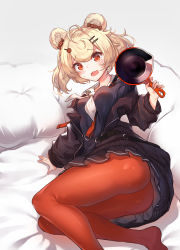 Rule 34 | 1girl, absurdres, ahoge, animal ears, arknights, ass, bad id, bad pixiv id, bed sheet, black jacket, black shirt, blonde hair, blush, brown eyes, commentary, feet out of frame, frying pan, grey background, gummy (arknights), hair ornament, hairclip, hand up, highres, holding, holding frying pan, jacket, long sleeves, looking at viewer, lying, mecha (alswp), neckerchief, no shoes, open mouth, orange pantyhose, pantyhose, pillow, shirt, short hair, solo, thighs, white neckerchief