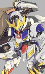 Rule 34 | absurdres, blue eyes, claws, grey background, gundam, gundam barbatos, gundam barbatos lupus rex, gundam tekketsu no orphans, highres, holding, holding weapon, looking up, mecha, mobile suit, no humans, open hand, robot, sa/tsu/ki, science fiction, solo, v-fin, weapon
