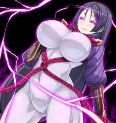 Rule 34 | 1girl, :q, black hair, blush, bodysuit, breasts, commentary request, covered navel, cowboy shot, electricity, fate/grand order, fate (series), glowing, glowing eyes, highres, japanese clothes, large breasts, long hair, looking at viewer, minamoto no raikou (fate), pink eyes, purple bodysuit, rope, shiki (psychedelic g2), smile, solo, tongue, tongue out, very long hair