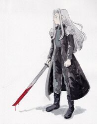 Rule 34 | 1boy, armor, black coat, black footwear, black pants, blood, bloody weapon, blue eyes, boots, coat, final fantasy, final fantasy vii, grey hair, grey sweater, heikala, highres, holding, holding sword, holding weapon, long coat, long hair, looking at viewer, looking to the side, masamune (ff7), open clothes, open coat, painting (medium), pants, sephiroth, shoulder armor, simple background, solo, sweater, sword, traditional media, watercolor (medium), weapon, white background