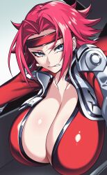 Rule 34 | 1girl, absurdres, alternate breast size, blue eyes, bodysuit, breasts, cleavage, clenched teeth, cockpit, code geass, collarbone, hair intakes, hairband, highres, huge breasts, hz (666v), jacket, jumpsuit, kouzuki kallen, large breasts, leaning forward, long sleeves, looking at viewer, medium hair, open clothes, open jacket, partially unzipped, pilot suit, piloting, reaching, red hair, red jumpsuit, solo, straddling, teeth, upper body