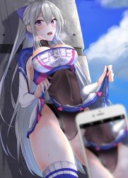 Rule 34 | 1girl, absurdres, armpit crease, armpit cutout, azur lane, black leotard, blue sky, blue thighhighs, blurry, blurry foreground, blush, bow, braid, breasts, casablanca (azur lane), casablanca (cheer squad on break) (azur lane), cellphone, cellphone photo, cheerleader, cleavage, clothes lift, clothing cutout, cloud, commentary request, core1013, covered navel, cowboy shot, crop top, day, drop shadow, hair between eyes, hair bow, heavy breathing, high ponytail, highres, large breasts, leotard, leotard under clothes, lifted by self, long hair, long sleeves, looking to the side, midriff, miniskirt, official alternate costume, open mouth, phone, pleated skirt, purple bow, purple eyes, ribbed legwear, sidelocks, silver hair, skirt, skirt lift, sky, smartphone, solo focus, standing, steam, sweat, taking picture, taut clothes, thighhighs, two-tone skirt, wall, white skirt