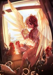 Rule 34 | 1girl, absurdres, animal, animal on head, bird, bird on head, bird tail, bird wings, blonde hair, boots, brown footwear, chick, chicken, dress, feathered wings, highres, holding, holding whistle, multicolored hair, niwatari kutaka, on head, orange dress, red eyes, red hair, shirt, short hair, short sleeves, solo, tail, tami (joemanyodw), touhou, two-tone hair, whistle, white shirt, wings, yellow wings