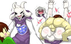 Rule 34 | 2boys, anal, animal ears, asriel dreemurr, ass, blush, breasts, brown hair, chara (undertale), colored skin, enigi09, furry, furry male, furry with non-furry, heart, highres, horns, huge ass, interspecies, large breasts, lying, lying on person, male penetrated, mating press, multiple boys, sex, short hair, size difference, speech bubble, undertale, yaoi, yellow skin