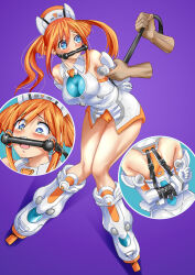 Rule 34 | 1girl, albyee, arms behind back, bare shoulders, blue eyes, blush, bound, breasts, commission, full body, gag, hair between eyes, hat, long hair, looking at viewer, medium breasts, neptune (series), orange hair, orange heart (neptunia), orange panties, panties, power symbol, power symbol-shaped pupils, purple background, restrained, shin jigen game neptune vii, simple background, sleeveless, solo, symbol-shaped pupils, twintails, underwear