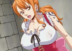 Rule 34 | 1girl, alternate costume, bare arms, breasts, brown eyes, cleavage, covered erect nipples, dirndl, earrings, frilled sleeves, frills, german clothes, indoors, jewelry, kyabakurabakufu, large breasts, long hair, looking at viewer, nami (one piece), nami (one piece) (whole cake island), one piece, open mouth, orange hair, sleeveless, solo, stud earrings, tattoo, torn clothes, twintails, upper body, waitress, wall