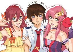 Rule 34 | 1boy, 2girls, arm strap, bare shoulders, blush, bow, breasts, brown hair, choker, cleavage, collarbone, collared shirt, commentary, commission, cosplay, dress, english commentary, flay allster, girl sandwich, gloves, gundam, gundam seed, hair ribbon, highres, holding another&#039;s arm, kira yamato, lacus clyne, macross, macross frontier, medium breasts, multiple girls, necktie, nekkikamille, orange bow, orange ribbon, parted lips, pink hair, purple choker, purple dress, purple eyes, purple gloves, ranka lee, ranka lee (cosplay), red hair, red necktie, ribbon, sandwiched, saotome alto, saotome alto (cosplay), sheryl nome, sheryl nome (cosplay), shirt, short hair, small breasts, smile, strapless, strapless dress, white background, white shirt, yellow dress
