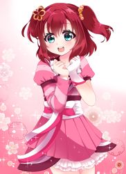 Rule 34 | 1girl, :d, aqua eyes, asymmetrical sleeves, blush, bow, braid, clenched hands, dress, flower, flower knot, gloves, hair flower, hair ornament, hands up, highres, japanese clothes, kurosawa ruby, looking at viewer, love live!, love live! sunshine!!, mijuku dreamer, mikimo nezumi, open mouth, partially fingerless gloves, pink background, pink dress, red eyes, sash, single braid, smile, solo, sparkle, two side up, uneven sleeves, white bow