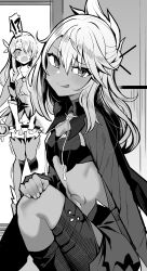 Rule 34 | 2girls, absurdres, armor, ascot, bare shoulders, blush, boots, breastplate, breasts, cape, chloe von einzbern, dark-skinned female, dark skin, dress, elbow gloves, fate/kaleid liner prisma illya, fate (series), feather hair ornament, feathers, gloves, greyscale, hair between eyes, hair bun, hair ornament, hairpin, half updo, highres, illyasviel von einzbern, kaleidostick, layered gloves, licking lips, long hair, long sleeves, looking at viewer, magical ruby, monochrome, multiple girls, navel, prisma illya, s ryouchi, shrug (clothing), sidelocks, skirt, small breasts, smile, stomach tattoo, tattoo, thigh boots, thighs, tongue, tongue out, two side up, waist cape, wand