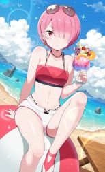 Rule 34 | 1girl, arm behind back, arm support, ball, bare legs, beach, beachball, bikini, bikini top only, bird, blue sky, breasts, closed mouth, cloud, collarbone, cup, day, drinking straw, earrings, eyewear on head, frown, hair over one eye, highres, holding, holding cup, jewelry, lens flare, looking at viewer, navel, ocean, outdoors, pink hair, ram (re:zero), re:zero kara hajimeru isekai seikatsu, red-framed eyewear, red bikini, red eyes, short hair, short shorts, shorts, sitting, sky, small breasts, solo, summer, sunglasses, swimsuit, white shorts