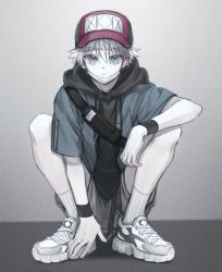 Rule 34 | 1boy, arm support, bag, black hoodie, blue eyes, blue jacket, closed mouth, commentary, drawstring, frown, full body, grey background, grey shorts, hat, highres, hood, hood down, hoodie, hunter x hunter, jacket, killua zoldyck, long hair, male focus, mask, mask pull, mouth mask, red hat, shoes, short hair, short sleeves, shorts, sneakers, socks, solo, squatting, straight-on, ttori, white footwear, white hair, white socks, wristband