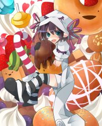 Rule 34 | 1girl, arufa, black gloves, cake, candy, doughnut, food, fruit, gloves, green eyes, hat, komeda arufa, merry nightmare, open mouth, pointy ears, purple hair, ribbon, short hair, solo, strawberry, striped clothes, striped thighhighs, thighhighs, yumekui merry