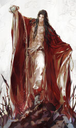 Rule 34 | 1boy, absurdres, black hair, blood, blood on chest, blood on clothes, blood on face, blood on shoes, bottle, chinese clothes, coat, corpse, full body, green eyes, haban (haban35), highres, holding, holding bottle, jang il so (return of the mount hua sect), long hair, looking down, male focus, open clothes, open coat, pants, parted lips, red coat, return of the mount hua sect, scar, scar on chest, scar on stomach, simple background, smirk, spilling, teeth, upper teeth only, very long sleeves, white pants