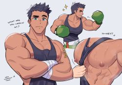 Rule 34 | 1boy, absurdres, bandaged hand, bandages, bara, black hair, black tank top, boxing gloves, closed mouth, crossed arms, green eyes, green shorts, highres, large pectorals, little mac, looking at viewer, male focus, milkiato, muscular, muscular male, nintendo, nipples, pectoral focus, pectorals, punch-out!!, short hair, shorts, sidepec, smile, solo, sweat, tank top