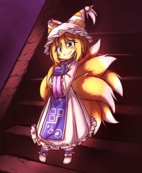 Rule 34 | 1girl, animal hat, blonde hair, closed mouth, commentary, dress, english commentary, fox tail, full body, hands in opposite sleeves, hat, kitsune, lirilias, mob cap, multiple tails, short hair, smile, solo, stairs, standing, tabard, tail, touhou, white dress, white footwear, white hat, yakumo ran, yellow eyes