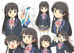 Rule 34 | 2girls, :d, ^ ^, black hair, black jacket, black skirt, blazer, blue eyes, blue hair, blush, bow, closed eyes, collared shirt, feather hair ornament, feathers, finger gun, hair ornament, jacket, lize helesta, multicolored hair, multiple girls, nijisanji, open mouth, pink bow, plaid, plaid skirt, pointing, pointing up, purple eyes, school uniform, shirt, silver hair, skirt, smile, sparkle, streaked hair, tsubobot, tsukino mito, tsukino mito (1st costume), v-shaped eyebrows, virtual youtuber, white background