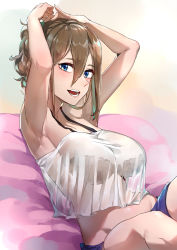 Rule 34 | 1girl, absurdres, adjusting hair, armpits, arms up, black bra, blue eyes, blush, bra, breasts, brown hair, hair between eyes, hair up, halterneck, highres, lace, lace bra, large breasts, looking at viewer, midriff, mr.lime, open mouth, original, see-through, short shorts, shorts, sidelocks, sitting, sleeveless, smile, solo, thighs, underwear