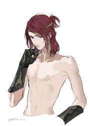 Rule 34 | 1boy, collarbone, commentary, cropped torso, elden ring, english commentary, gauntlets, half updo, hand up, headband, looking at viewer, male focus, nude, red eyes, red hair, ruint, simple background, solo, tarnished (elden ring), white background