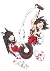 Rule 34 | 2girls, absurdres, animal ears, azur lane, black hair, blunt bangs, commentary request, dutch angle, food, fox, fox ears, fox girl, fox tail, from above, geta, hakama, highres, japanese clothes, kine, long hair, mallet, maru sashi, mochi, mortar (bowl), multiple girls, multiple tails, mutsu (azur lane), nagato (azur lane), new year, rice, short hair, siblings, simple background, sisters, sleeves rolled up, tabi, tail, white background, yellow eyes