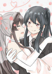 Rule 34 | 10s, 2girls, bare shoulders, black hair, blush, brown eyes, brown hair, carrying, dress, elbow gloves, flower, formal, gloves, hair flower, hair ornament, heart, heart of string, high ponytail, jitai, kantai collection, multiple girls, necktie, princess carry, smile, strapless, strapless dress, suit, wedding dress, white dress, wife and wife, yahagi (kancolle), yamato (kancolle), yuri