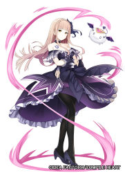 Rule 34 | 1girl, absurdres, aura, bare shoulders, blunt bangs, brown eyes, brown hair, chest tattoo, choker, closed mouth, copyright request, creature, detached sleeves, dress, floating hair, frilled dress, frills, highres, long hair, looking at viewer, max melon, pantyhose, purple choker, purple dress, tattoo, watermark, white background