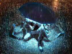 Rule 34 | 1boy, arm support, bad id, bad pixiv id, cobblestone, from above, frown, glowing, glowing eyes, hair over one eye, highres, holding, holding umbrella, kneeling, male focus, on one knee, one eye covered, original, outdoors, rain, scarf, signature, solo, umbrella, white hair, yuanmaru
